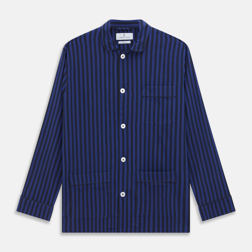 The Turnbull & Asser Blue and Navy Candy Stripe Silk Hyde Pyjamas Set features a long-sleeve button-up top with a chest pocket and elastic-waist pants, shown on a plain white background.
