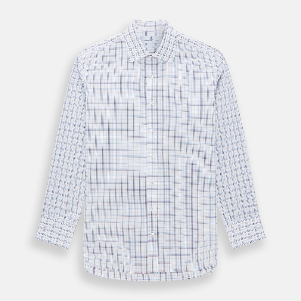 The Turnbull & Asser Purple and Blue Multi Check Mayfair Shirt features long sleeves, a button-up front, and a classic T&A collar, with blue and light gray checks on white, displayed flat against a plain white background.