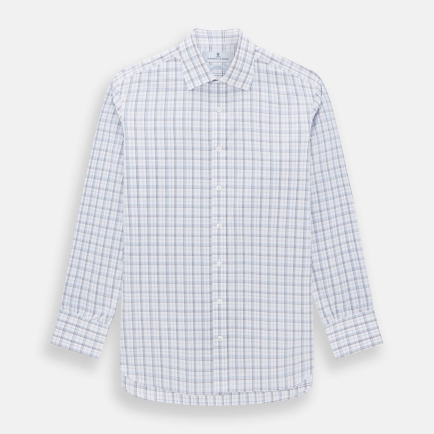 View 1 of product The Turnbull & Asser Purple and Blue Multi Check Mayfair Shirt features long sleeves, a button-up front, and a classic T&A collar, with blue and light gray checks on white, displayed flat against a plain white background.