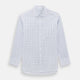 The Turnbull & Asser Purple and Blue Multi Check Mayfair Shirt features long sleeves, a button-up front, and a classic T&A collar, with blue and light gray checks on white, displayed flat against a plain white background.