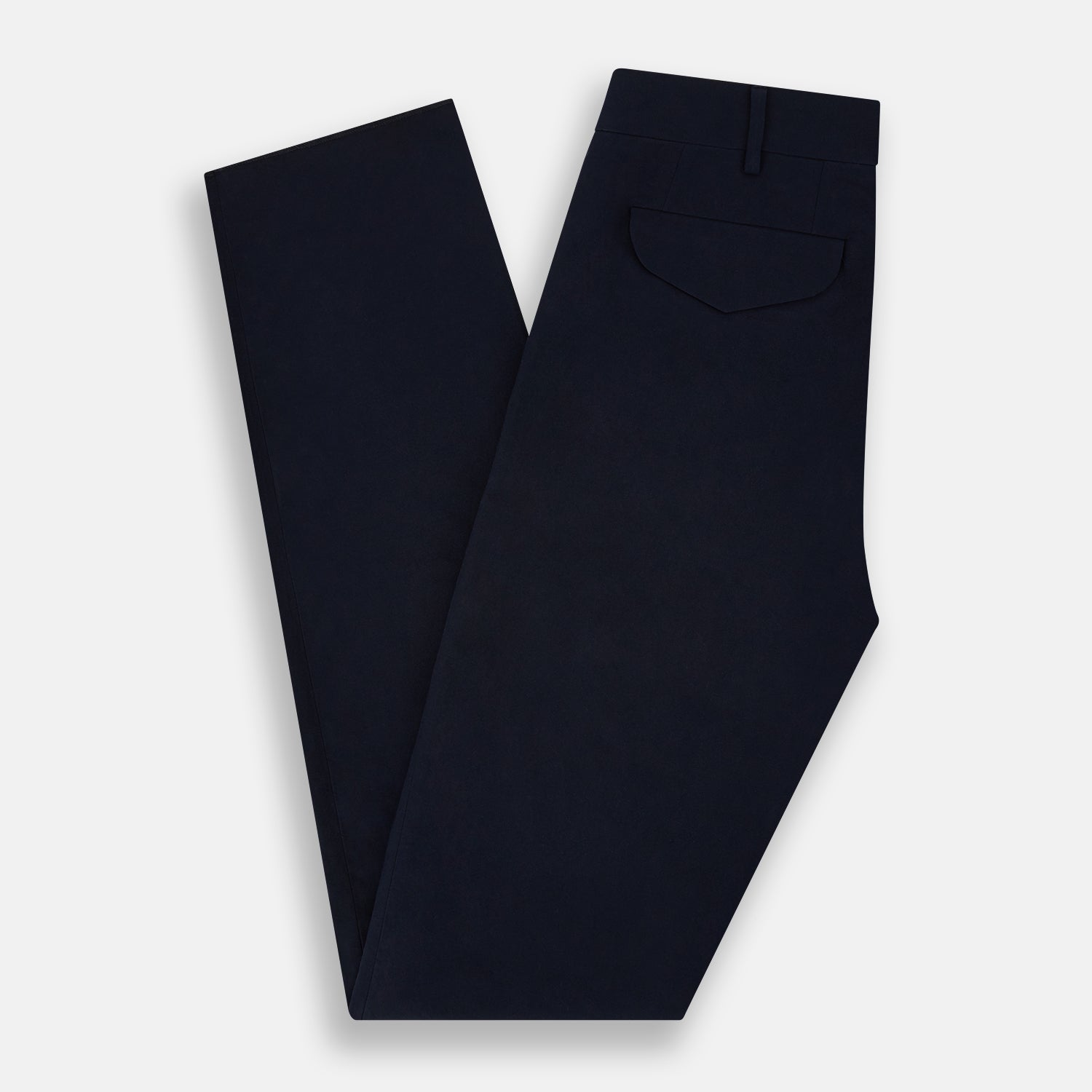 View 6 of product Turnbull & Asser’s Midnight Blue Winston Trousers, in high-twist cotton with belt loops and a button closure, are shown flat against a plain white background.