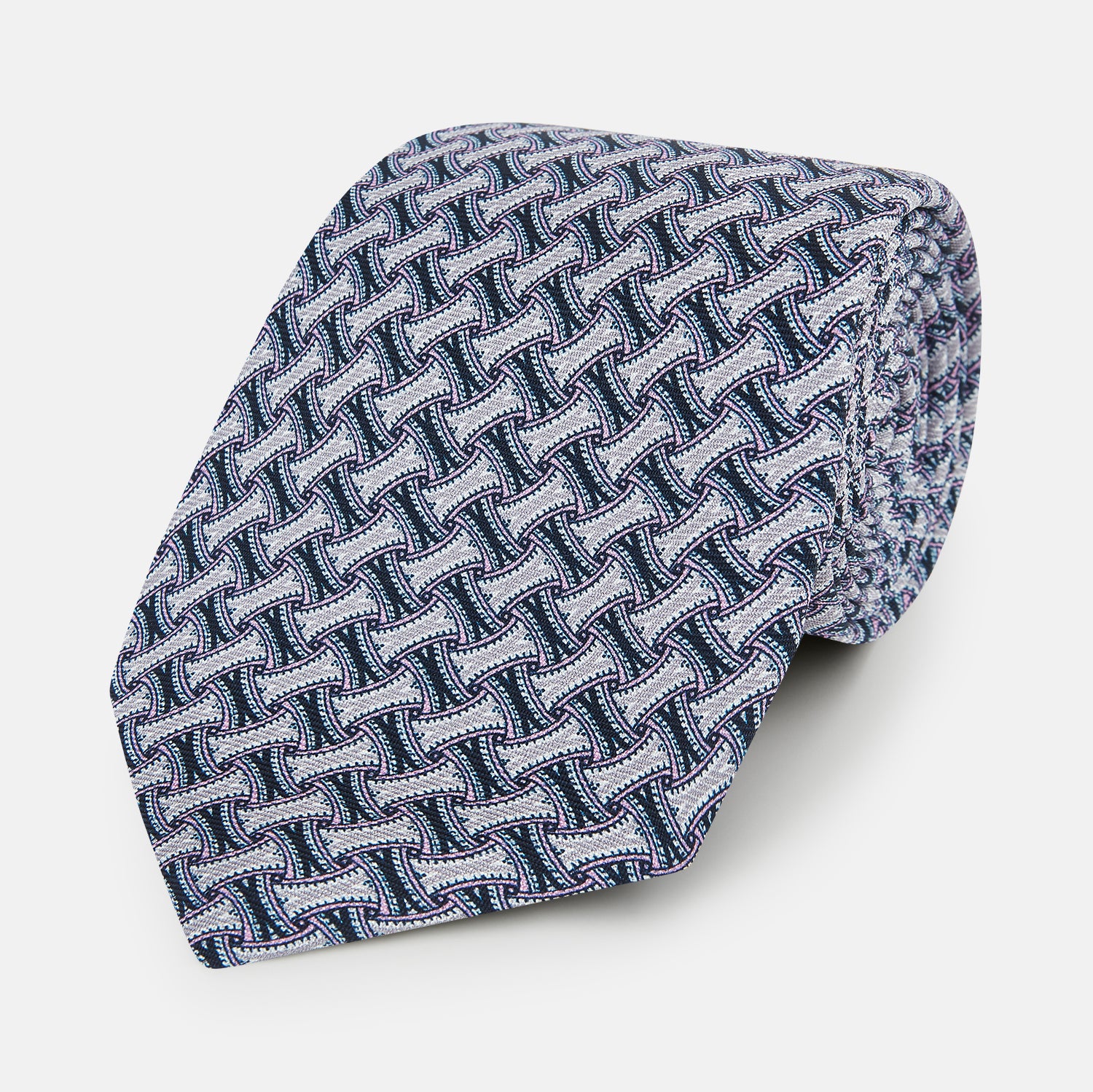 View 1 of product The Turnbull & Asser Navy and Pink Weave Patterned Silk Tie is shown elegantly rolled up on a white background.