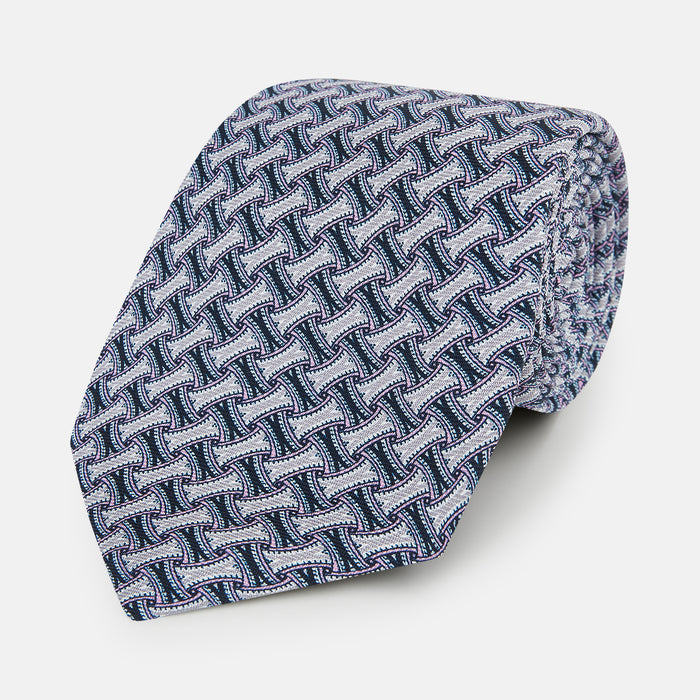 Navy and Pink Weave-Patterned Printed Silk Tie