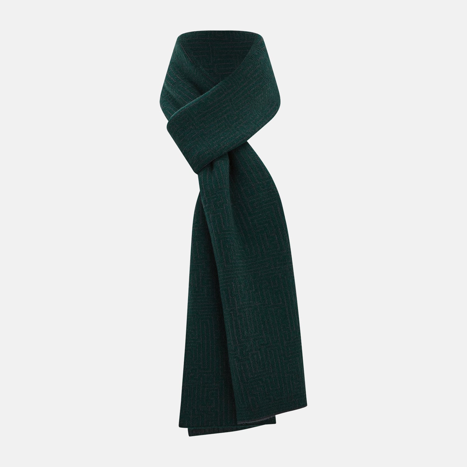View 1 of product The Turnbull & Asser Forest Green and Charcoal Fretwork Cashmere Knitted Scarf, featuring a subtle geometric pattern, is neatly folded and knotted against a plain white background.
