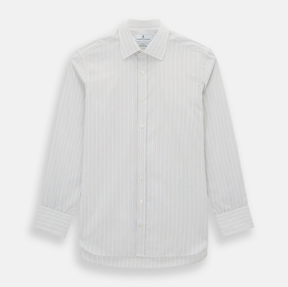 The Turnbull & Asser Red and Blue Double Pinstripe Mayfair Shirt features long sleeves, a collar, and button-up front, crafted from fine Italian cotton, displayed on a plain white background.