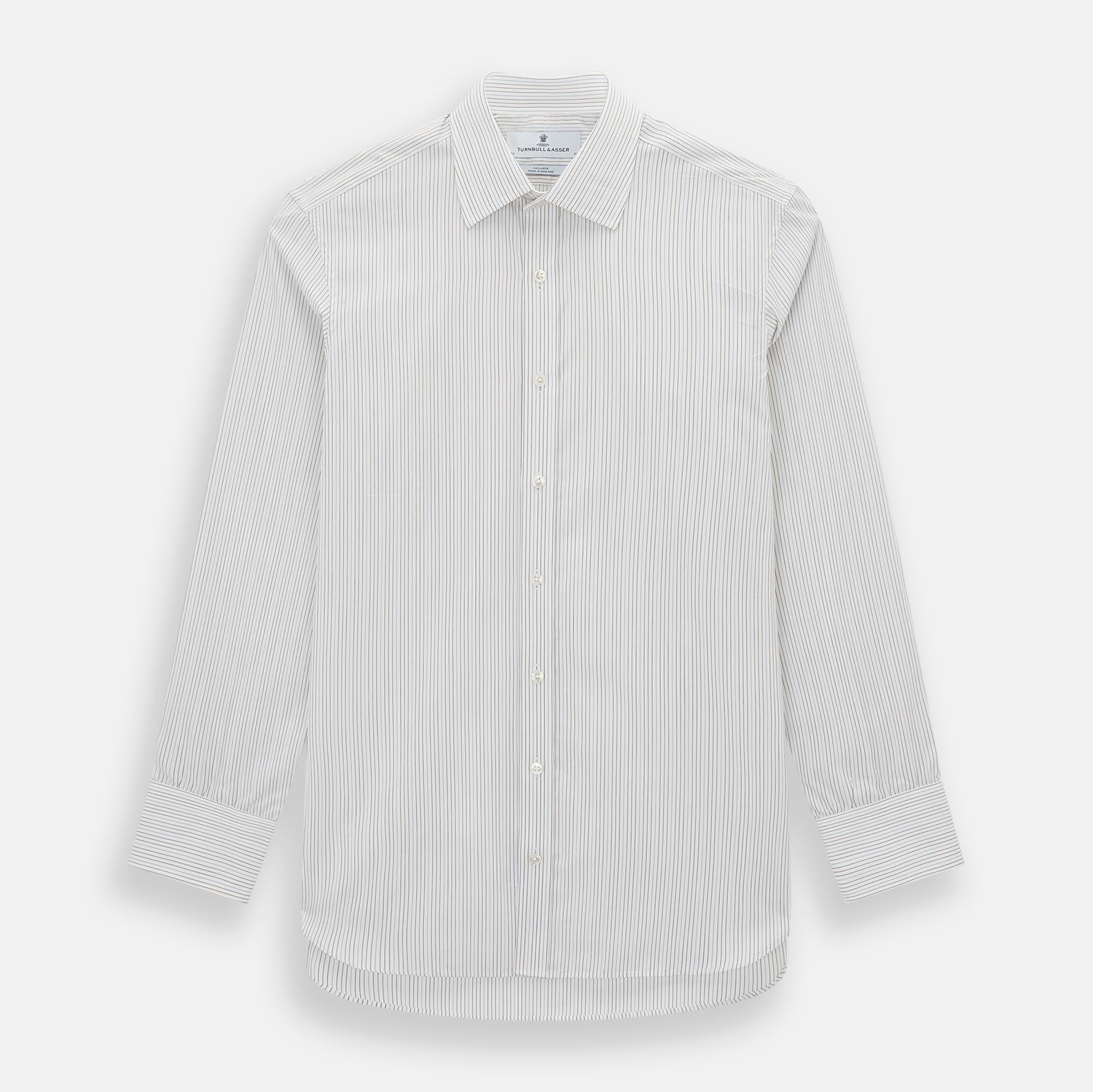 View 1 of product The Turnbull & Asser Red and Blue Double Pinstripe Mayfair Shirt features long sleeves, a collar, and button-up front, crafted from fine Italian cotton, displayed on a plain white background.