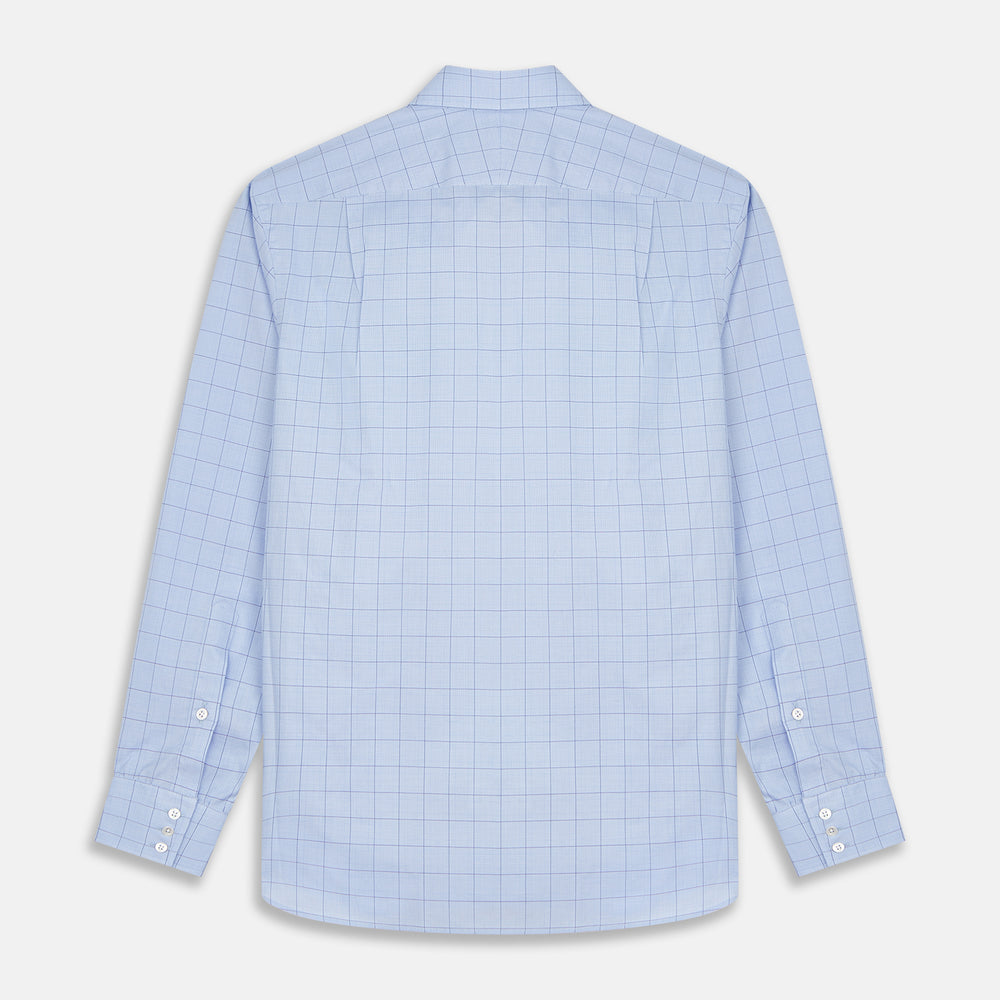 The Blue Prince of Wales Check Mayfair Shirt by Turnbull & Asser features a light blue check pattern, white buttons, and a classic collar. Crafted from premium Italian cotton, it is displayed on a plain white background.