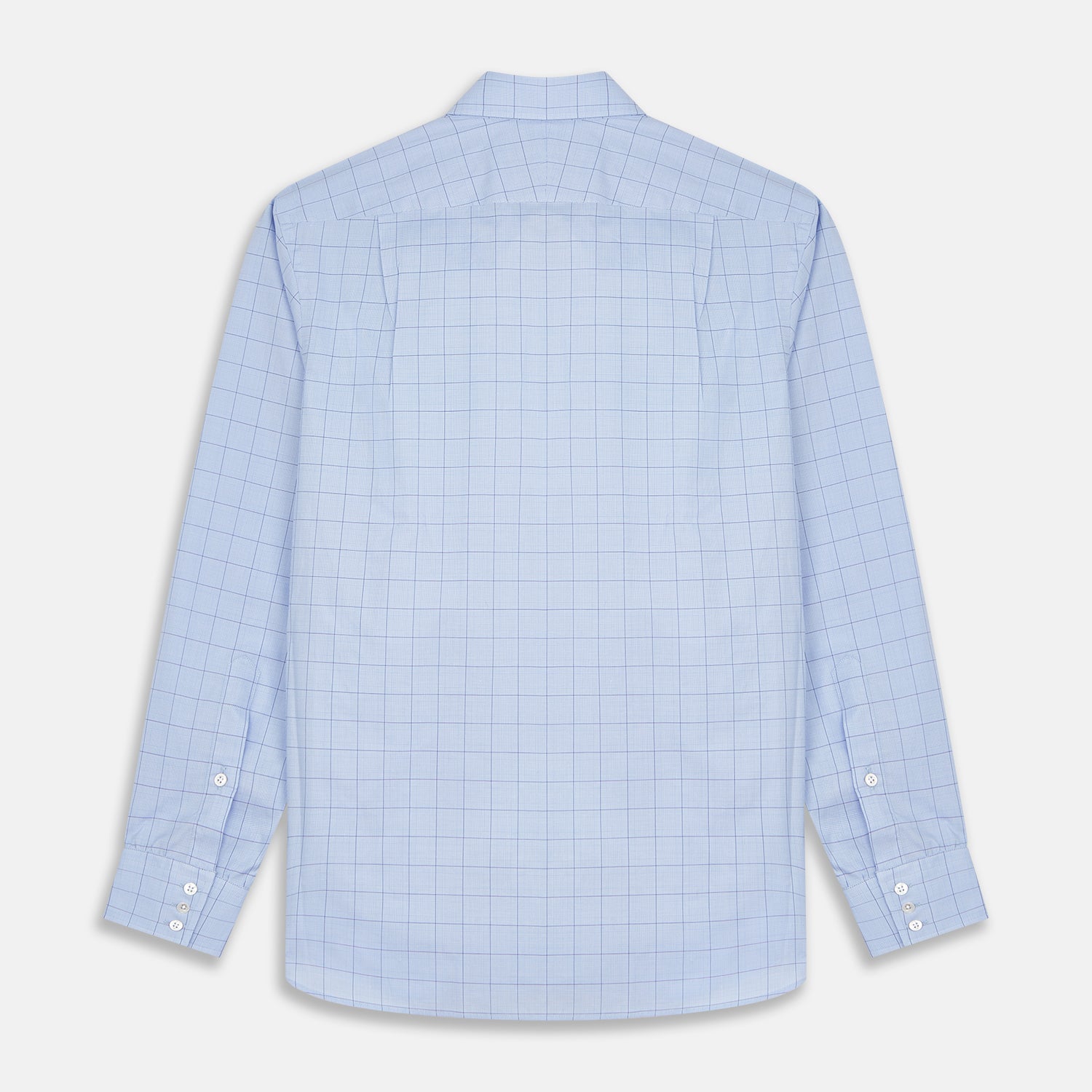View 3 of product The Blue Prince of Wales Check Mayfair Shirt by Turnbull & Asser features a light blue check pattern, white buttons, and a classic collar. Crafted from premium Italian cotton, it is displayed on a plain white background.