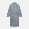 View 5 of product The Turnbull & Asser Green and Blue Stripe Cotton Arnold Gown features long sleeves, a knee-length cut, a shawl collar, front pockets, and an elegant wrap belt at the waist.