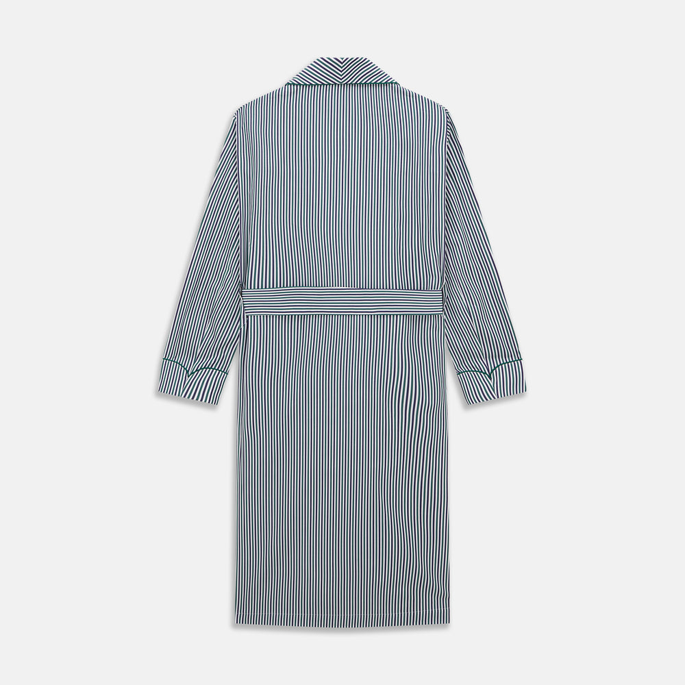 The Turnbull & Asser Green and Blue Stripe Cotton Arnold Gown features long sleeves, a knee-length cut, a shawl collar, front pockets, and an elegant wrap belt at the waist.