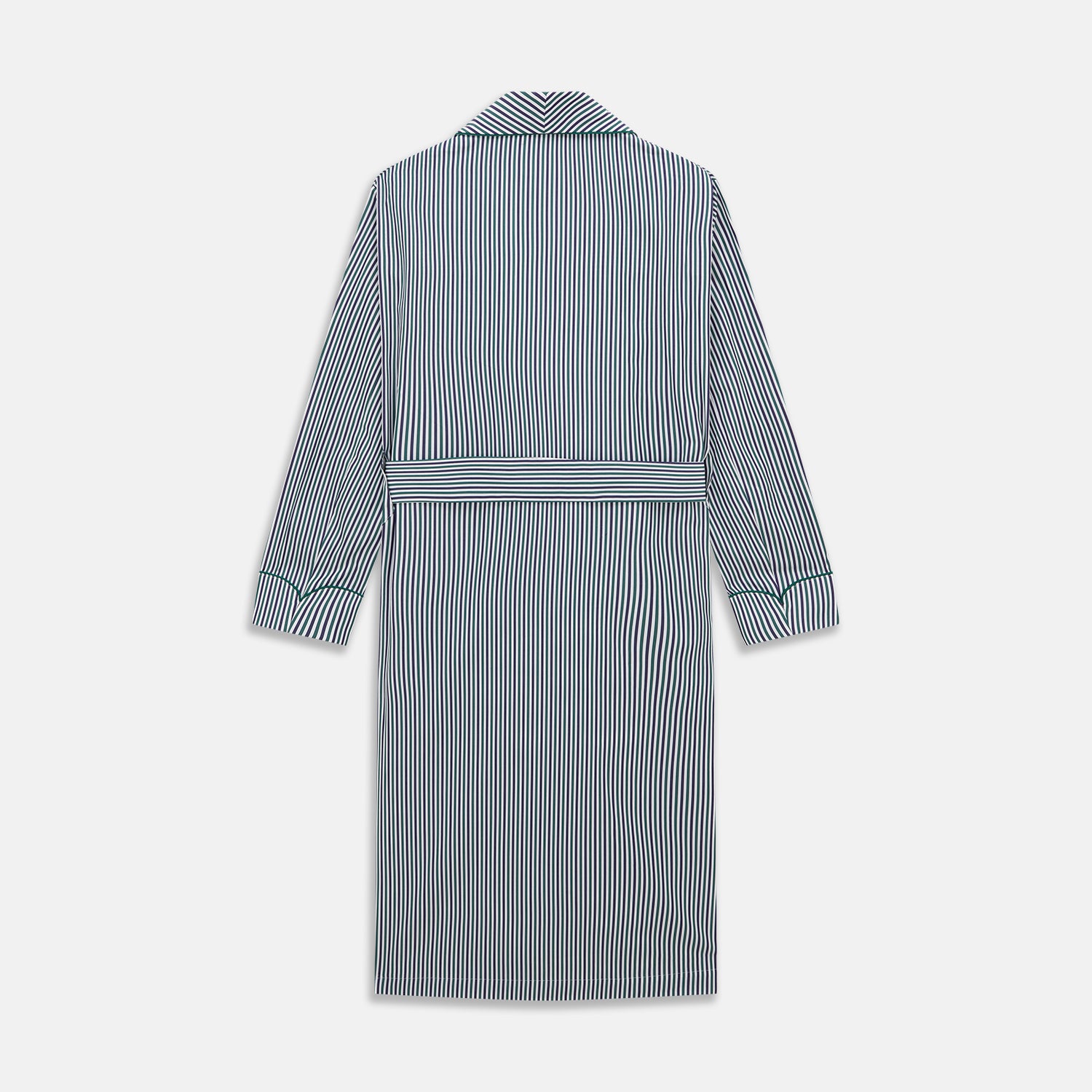 View 5 of product The Turnbull & Asser Green and Blue Stripe Cotton Arnold Gown features long sleeves, a knee-length cut, a shawl collar, front pockets, and an elegant wrap belt at the waist.