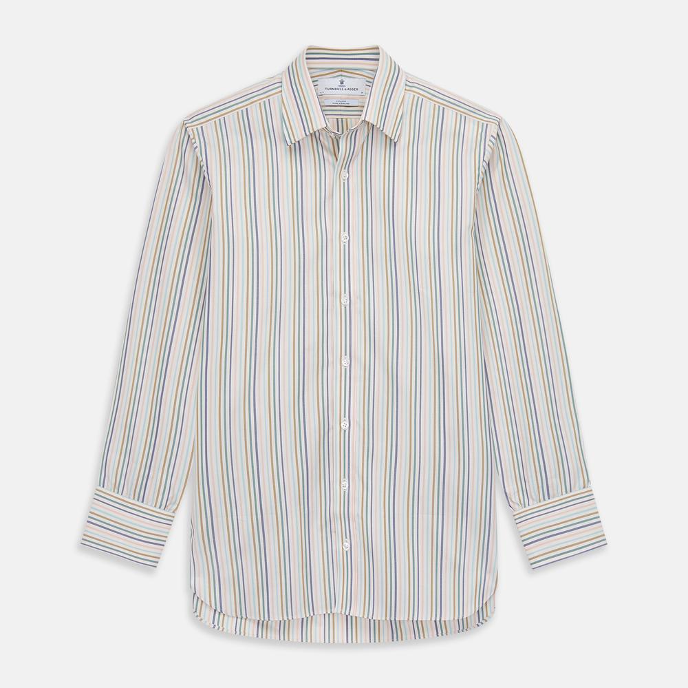 Close-up of Turnbull & Asser’s Green Multi Stripe Cotton Fabric, featuring diagonal pastel stripes in blue, green, yellow, and pink, displayed in a circular frame on a plain white background.