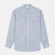 Turnbull & Asser’s Pale Blue Linen Blend Weekend Fit Unwin Shirt features long sleeves, a band collar, two chest pockets, and white buttons—ideal for casual summer wear.