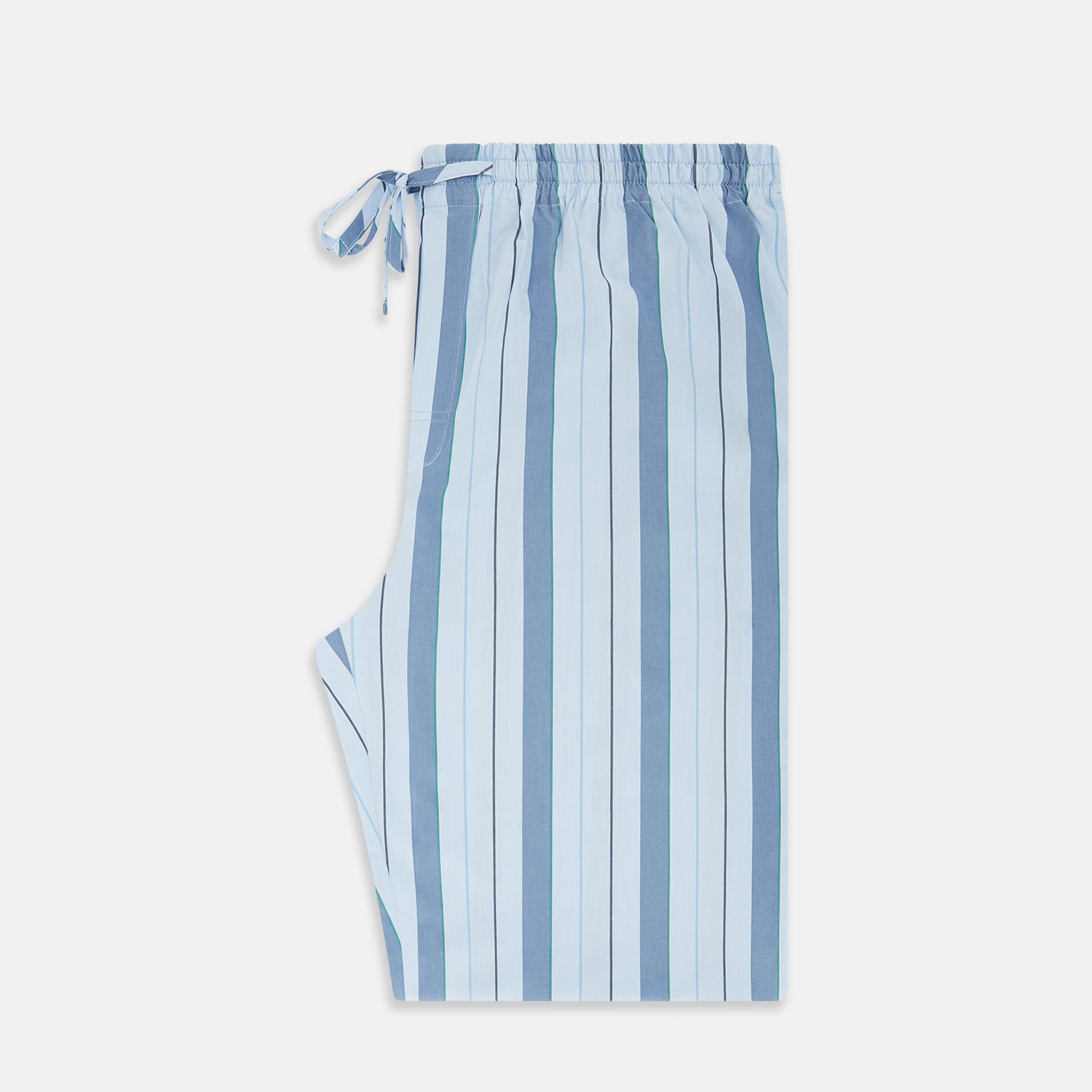 View 4 of product Turnbull & Asser's Blue Multi Stripe Pyjama Trousers feature light blue cotton with a blue multi-stripe pattern, an elastic waistband, and front drawstring, shown laid flat on a white background.