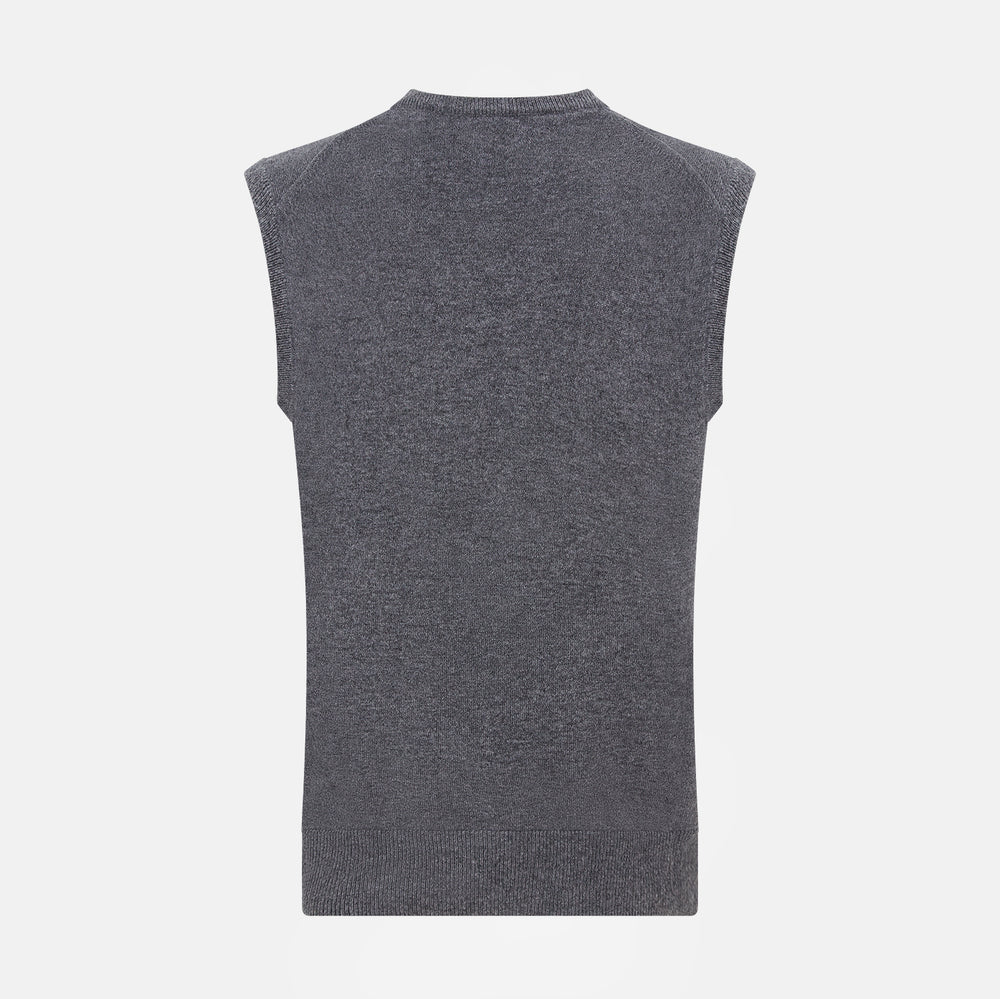 The Turnbull & Asser Slate Grey Melange V-neck Cashmere Vest is a plain, sleeveless jumper shown against a white background.