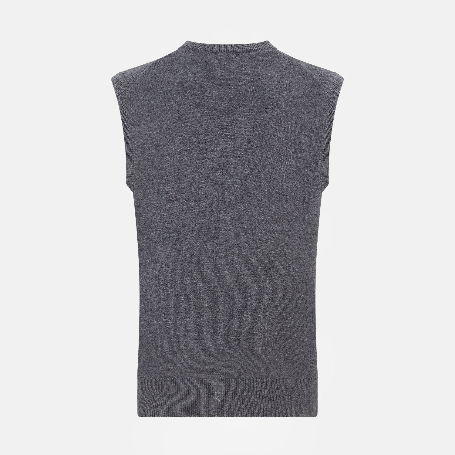 View 3 of product The Turnbull & Asser Slate Grey Melange V-neck Cashmere Vest is a plain, sleeveless jumper shown against a white background.