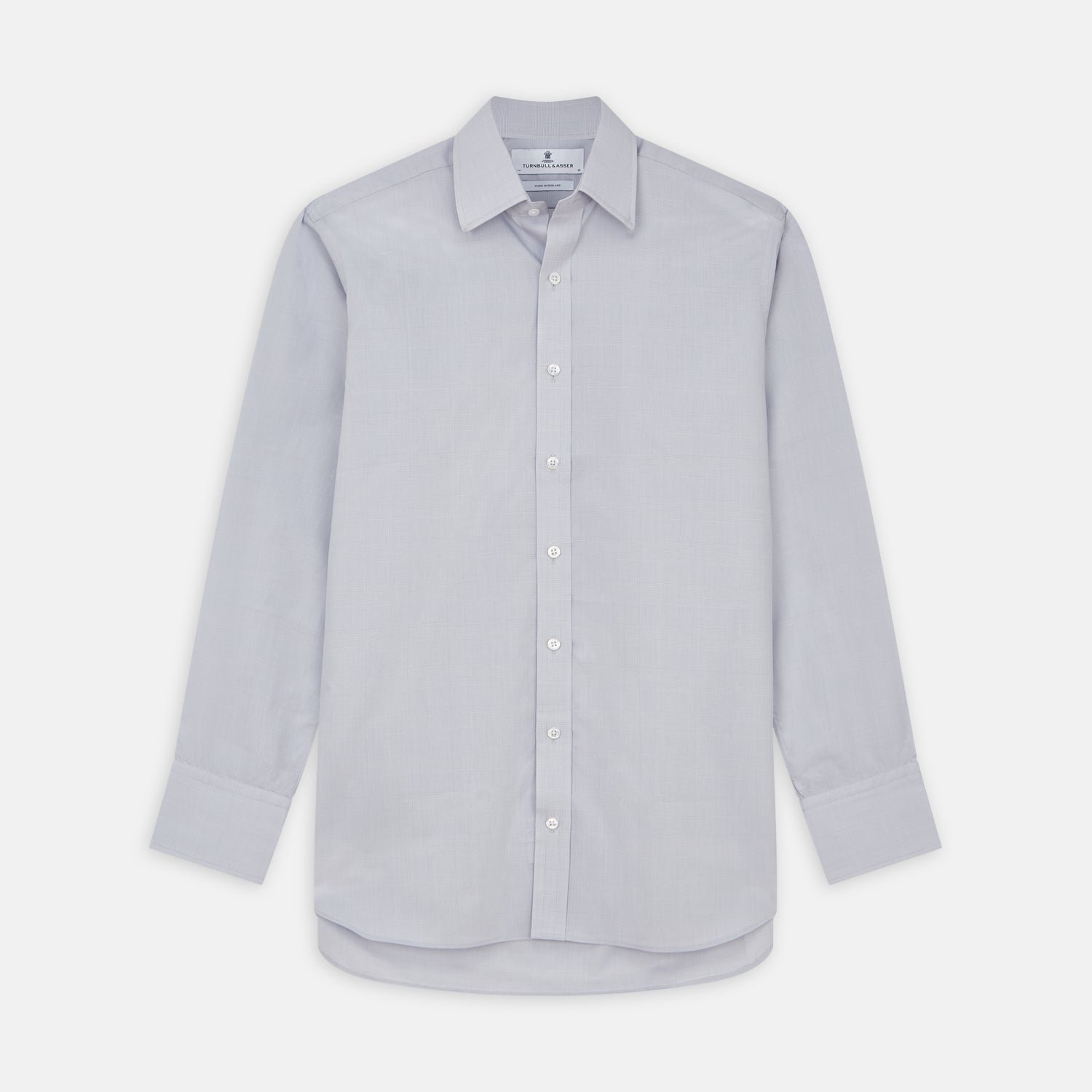 View 1 of product The Turnbull & Asser Faded Blue Block Check Cotton Regular Fit Mayfair Shirt, featuring long sleeves, a classic collar, and white buttons, is neatly laid flat on a white background.