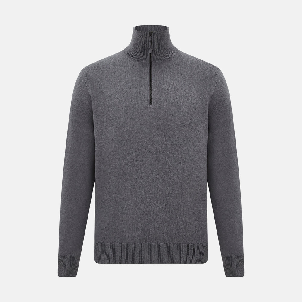 The Turnbull & Asser Grey Half-Zip Cashmere Jumper features long sleeves, a high collar, and premium yarn in dark gray. This classic knitwear is showcased against a white background.
