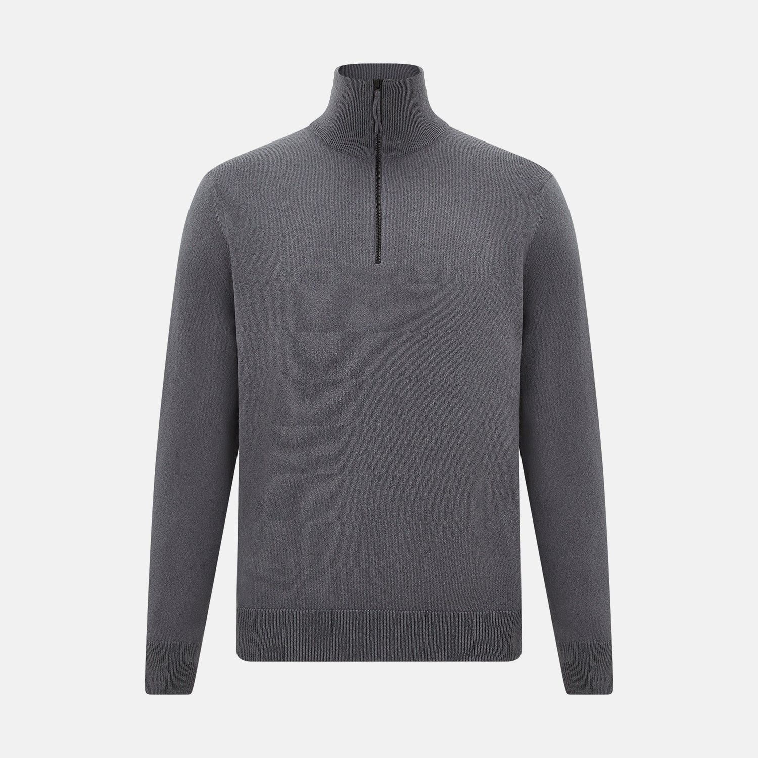 View 1 of product The Turnbull & Asser Grey Half-Zip Cashmere Jumper features long sleeves, a high collar, and premium yarn in dark gray. This classic knitwear is showcased against a white background.
