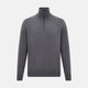 The Turnbull & Asser Grey Half-Zip Cashmere Jumper features long sleeves, a high collar, and premium yarn in dark gray. This classic knitwear is showcased against a white background.