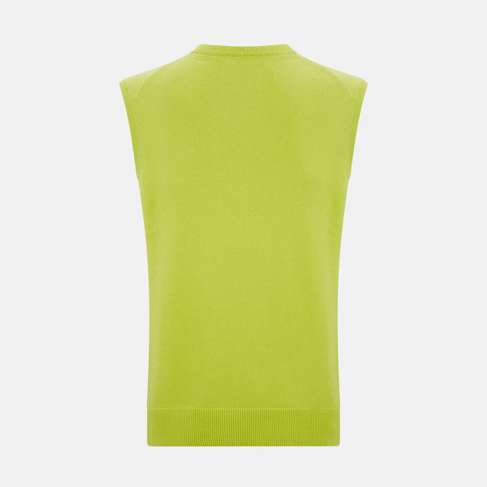 The Turnbull & Asser Lemon Green Cashmere V-Neck Vest boasts a modern knit design with a ribbed hem, shown on a plain white background—an ideal statement piece for gentlemen’s fashion.