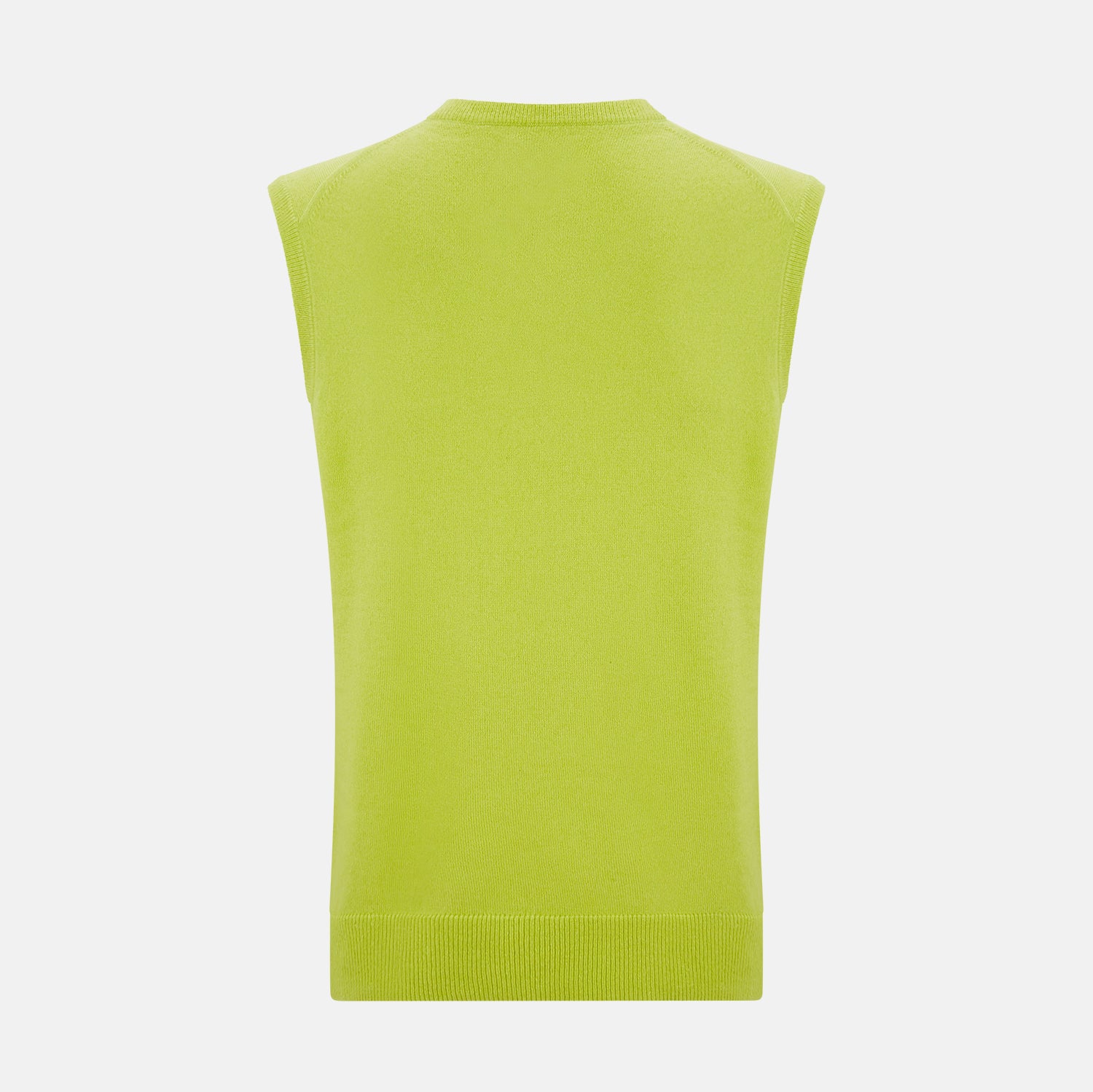 View 3 of product The Turnbull & Asser Lemon Green Cashmere V-Neck Vest boasts a modern knit design with a ribbed hem, shown on a plain white background—an ideal statement piece for gentlemen’s fashion.
