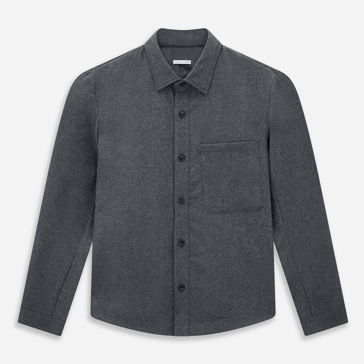 View 1 of product The Grey Highbury Overshirt by Turnbull & Asser is a long-sleeve, button-up charcoal gray overshirt with a single chest pocket, inspired by classic formal jackets and shown laid flat on a white background.