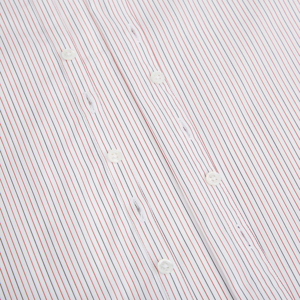 The Turnbull & Asser Red and Blue Ticking Stripe Westminster Shirt features long sleeves, a button-up front, pointed collar, and buttoned cuffs, highlighting British craftsmanship while laid flat on a white background.