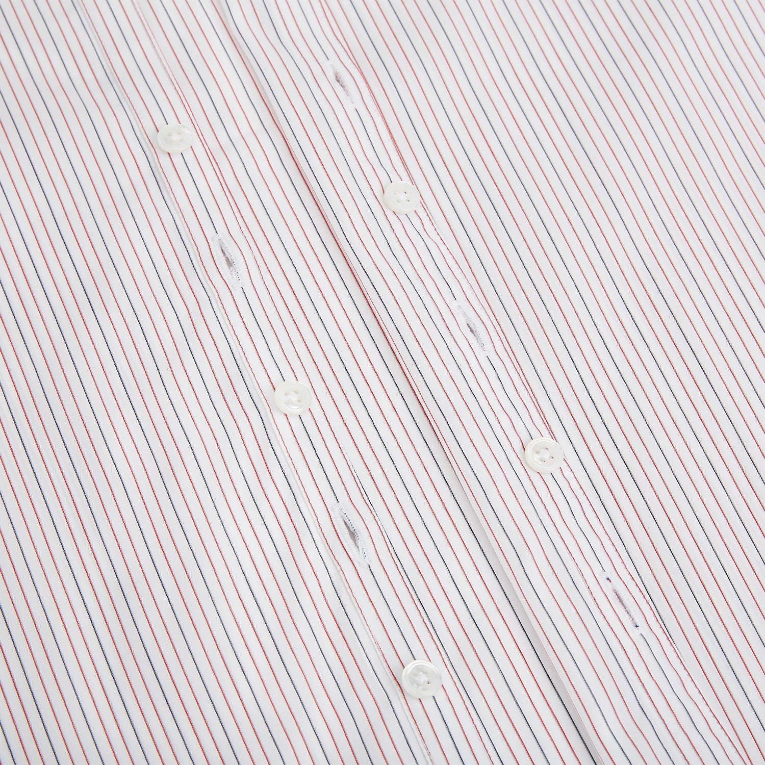 View 7 of product The Turnbull & Asser Red and Blue Ticking Stripe Westminster Shirt features long sleeves, a button-up front, pointed collar, and buttoned cuffs, highlighting British craftsmanship while laid flat on a white background.