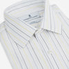 View 2 of product The Navy and Yellow Wide Pinstripe Mayfair Shirt by Turnbull & Asser is a long-sleeve, button-up shirt with wide navy and yellow pinstripes, a collar, and buttoned cuffs, laid flat on a white surface.