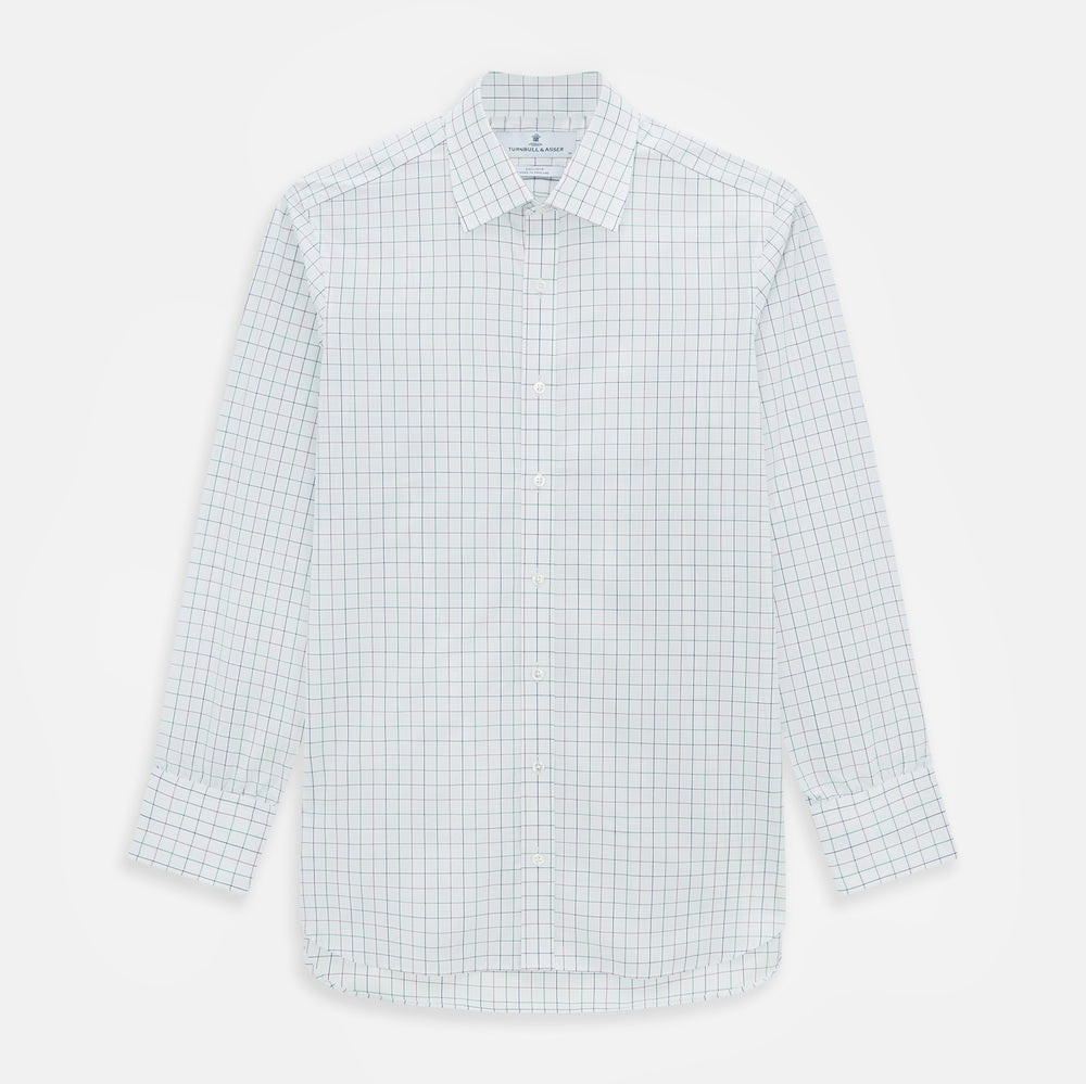 The Turnbull & Asser Pink Grid Check Mayfair Shirt is a long-sleeve, button-down shirt with a T&A collar, crafted from organic cotton and featuring a pink checkered grid pattern on white with buttoned cuffs.