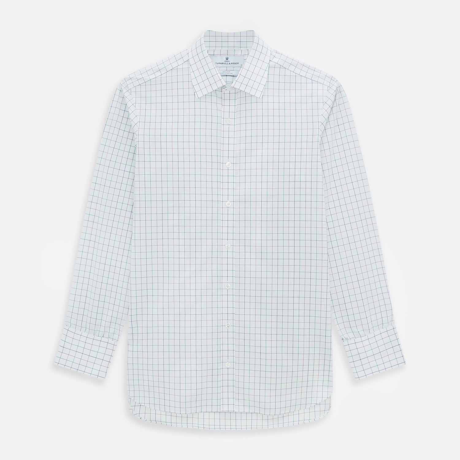 View 1 of product The Turnbull & Asser Pink Grid Check Mayfair Shirt is a long-sleeve, button-down shirt with a T&A collar, crafted from organic cotton and featuring a pink checkered grid pattern on white with buttoned cuffs.