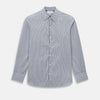 View 1 of product The Turnbull & Asser Grey Ticking Stripe Westminster Shirt features thin vertical grey stripes and a classic collar, showcased against a plain white background.