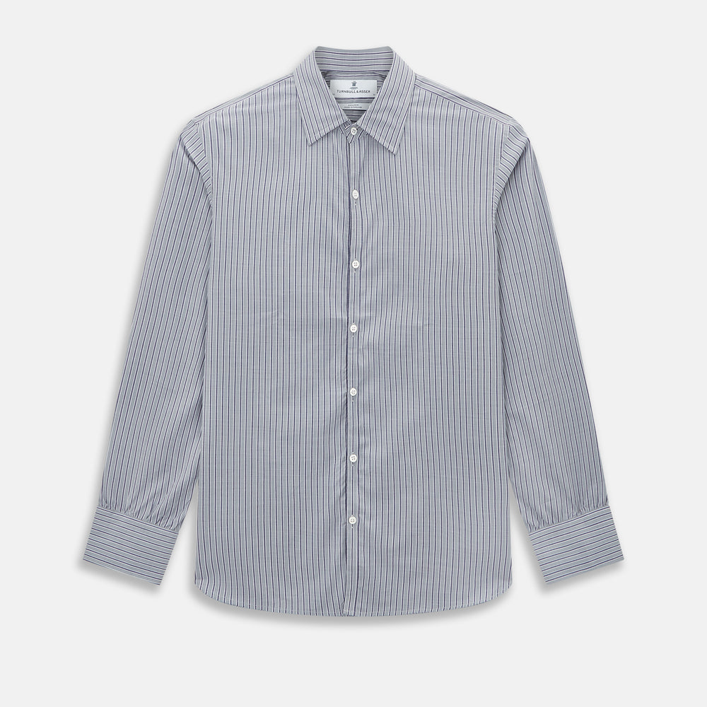 The Turnbull & Asser Grey Ticking Stripe Westminster Shirt features thin vertical grey stripes and a classic collar, showcased against a plain white background.