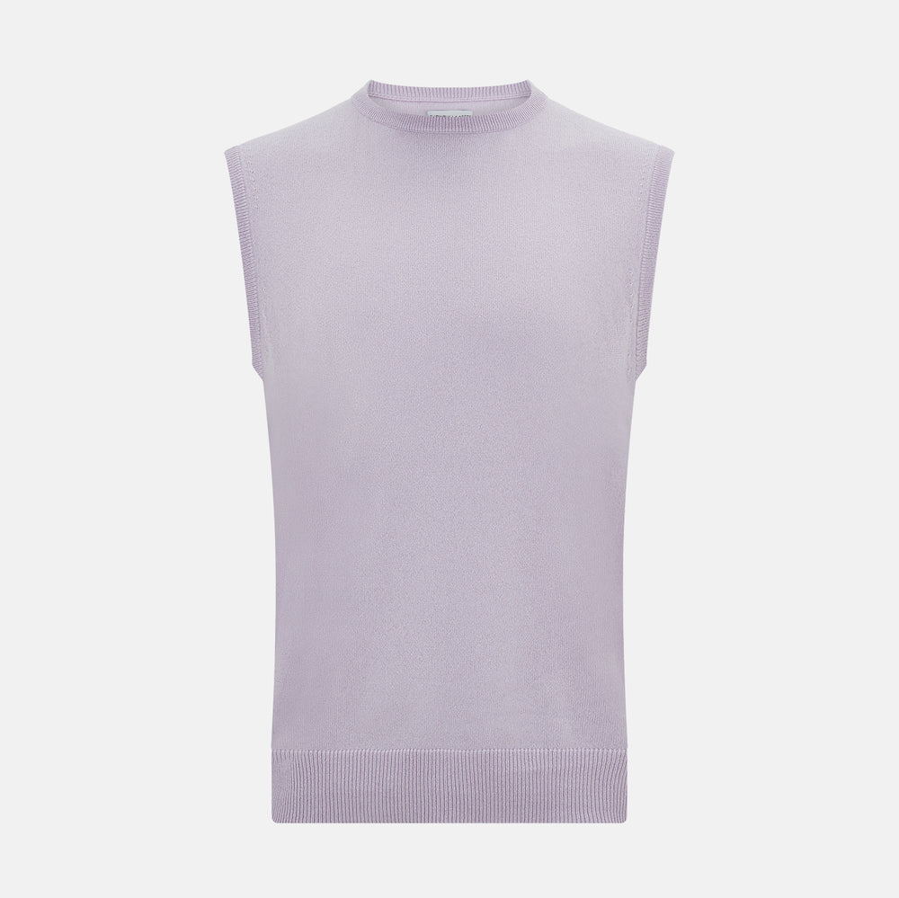 The Turnbull & Asser Lilac Cashmere Round Neck Vest is a sleeveless piece with a ribbed hem, ideal as a lightweight layer, shown here on a plain white background.