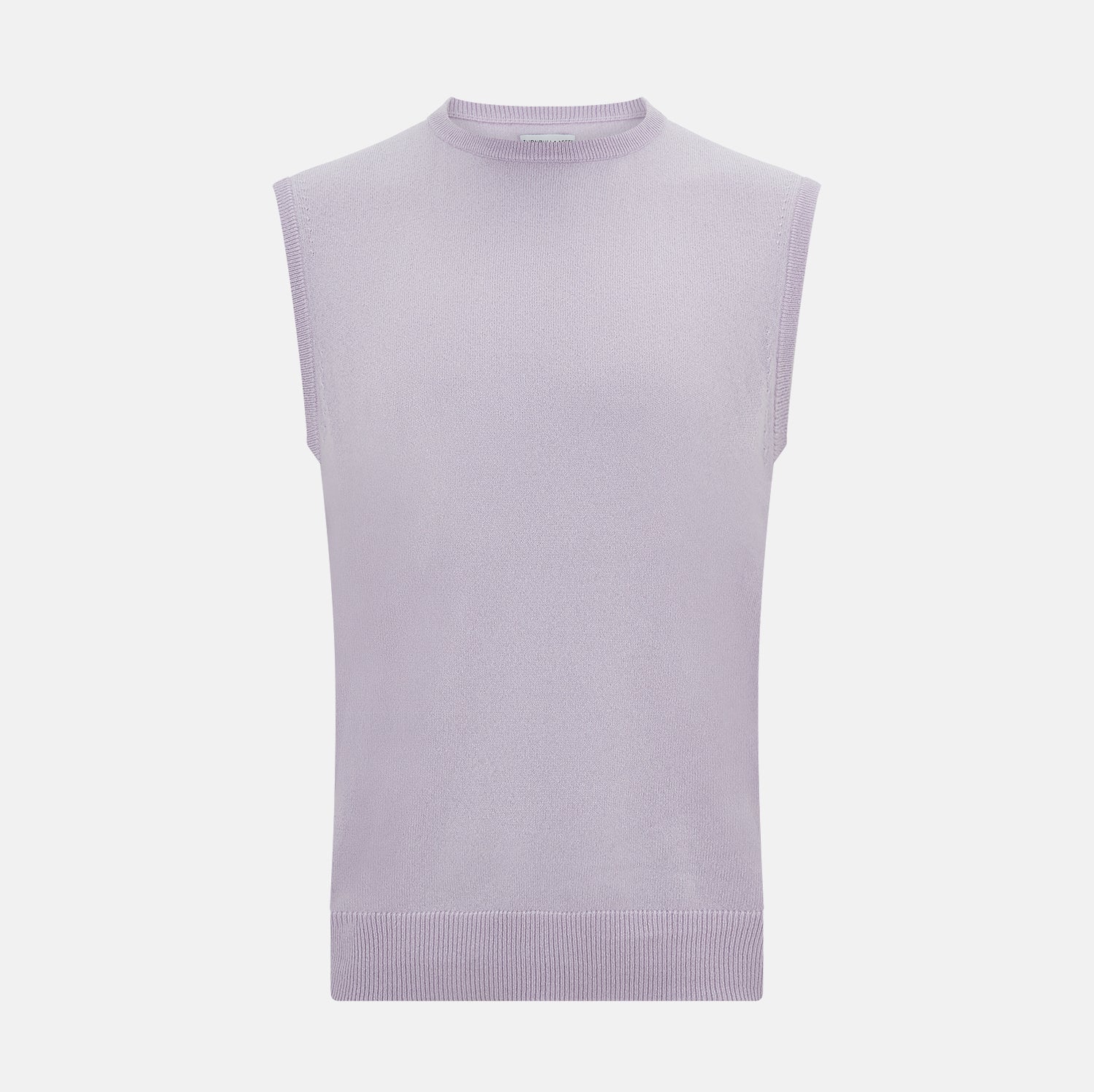 View 1 of product The Turnbull & Asser Lilac Cashmere Round Neck Vest is a sleeveless piece with a ribbed hem, ideal as a lightweight layer, shown here on a plain white background.