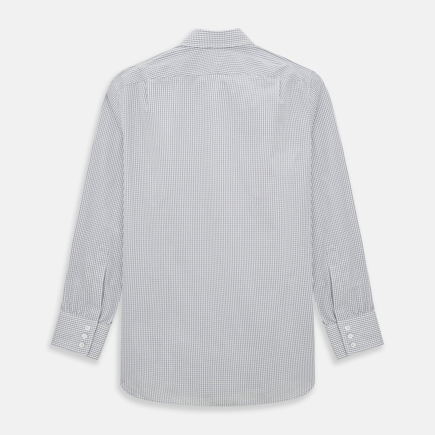 View 3 of product The Midnight Blue Multi Check Mayfair Shirt by Turnbull & Asser is a pure cotton, long-sleeve button-down featuring a small blue multi-check pattern, pointed collar, and buttoned cuffs.