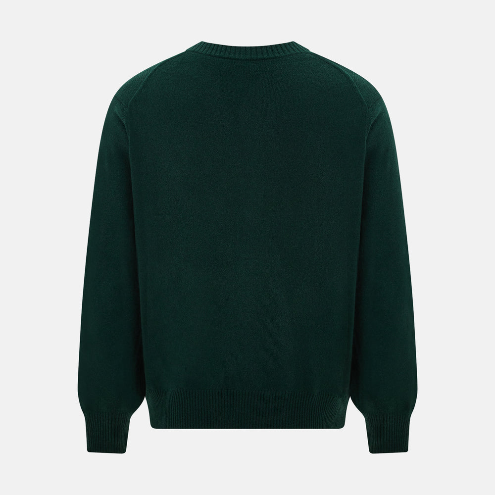 The Turnbull & Asser Forest Green Cashmere Cardigan—featuring long sleeves, a V-neck, button-down front, ribbed cuffs and hem, plus two front pockets—is shown against a plain white background.