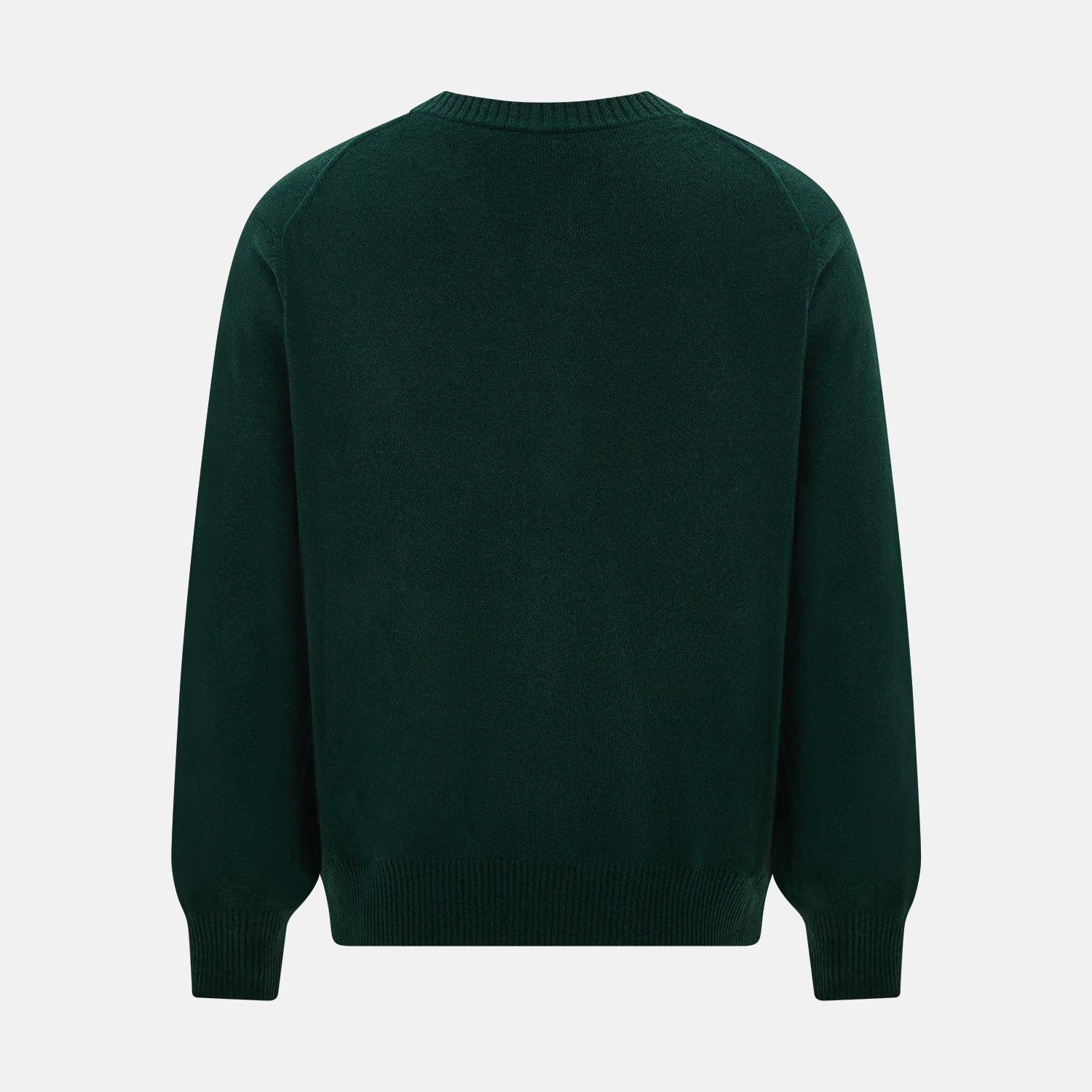 View 3 of product The Turnbull & Asser Forest Green Cashmere Cardigan—featuring long sleeves, a V-neck, button-down front, ribbed cuffs and hem, plus two front pockets—is shown against a plain white background.
