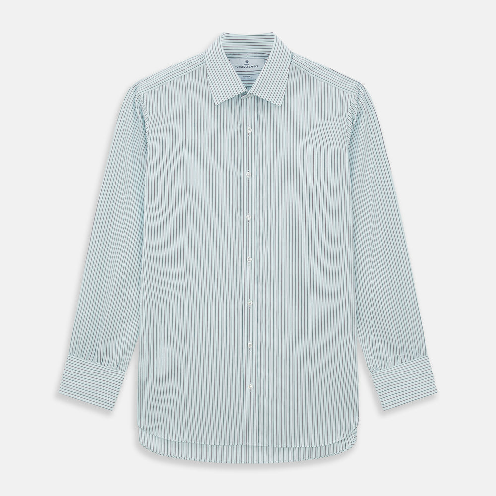 The Turnbull & Asser Green and Burgundy Pinstripe Mayfair Shirt, a long-sleeved, button-down with a classic collar, is ideal for formal wear and shown flat on a white background.