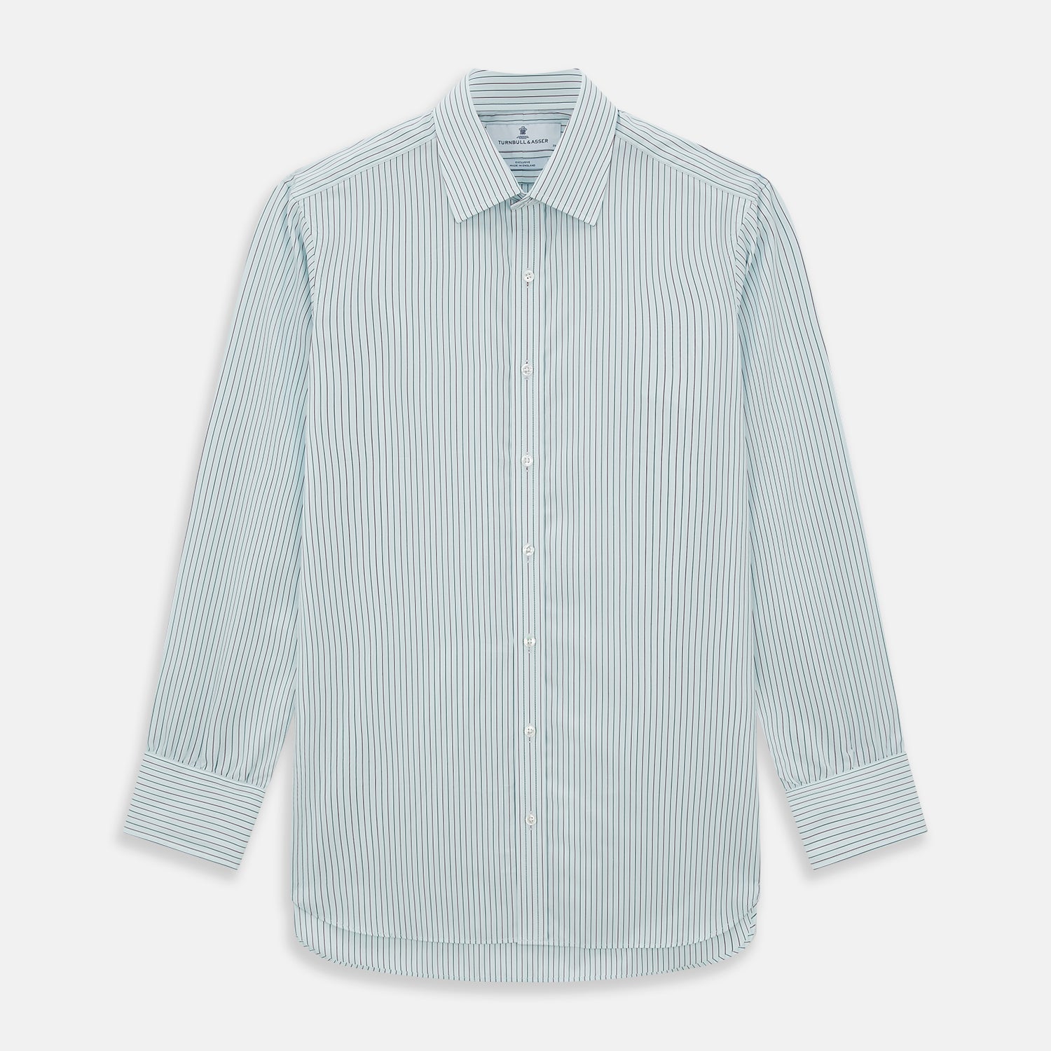 View 1 of product The Turnbull & Asser Green and Burgundy Pinstripe Mayfair Shirt, a long-sleeved, button-down with a classic collar, is ideal for formal wear and shown flat on a white background.