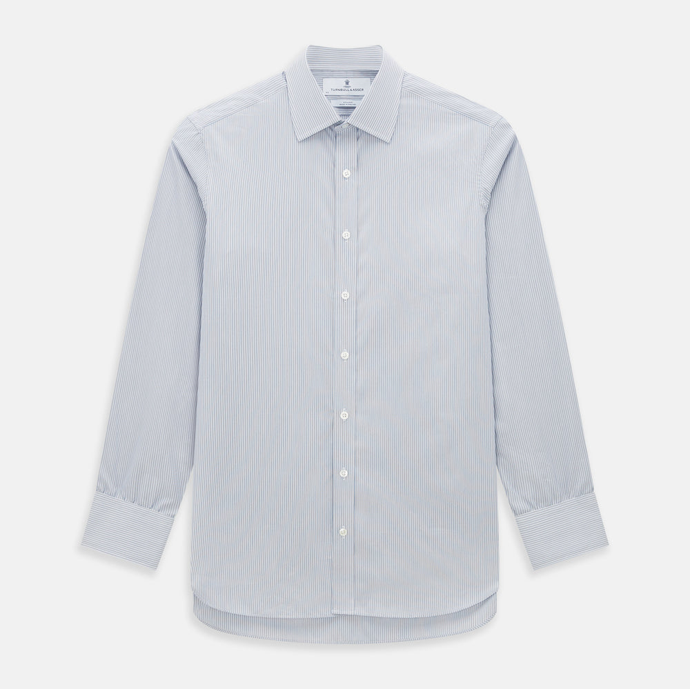 The Blue and Brown Ticking Stripe Mayfair Shirt by Turnbull & Asser, crafted from premium Italian cotton with a collar, white buttons, and buttoned cuffs, is an essential addition to any gentleman's wardrobe.