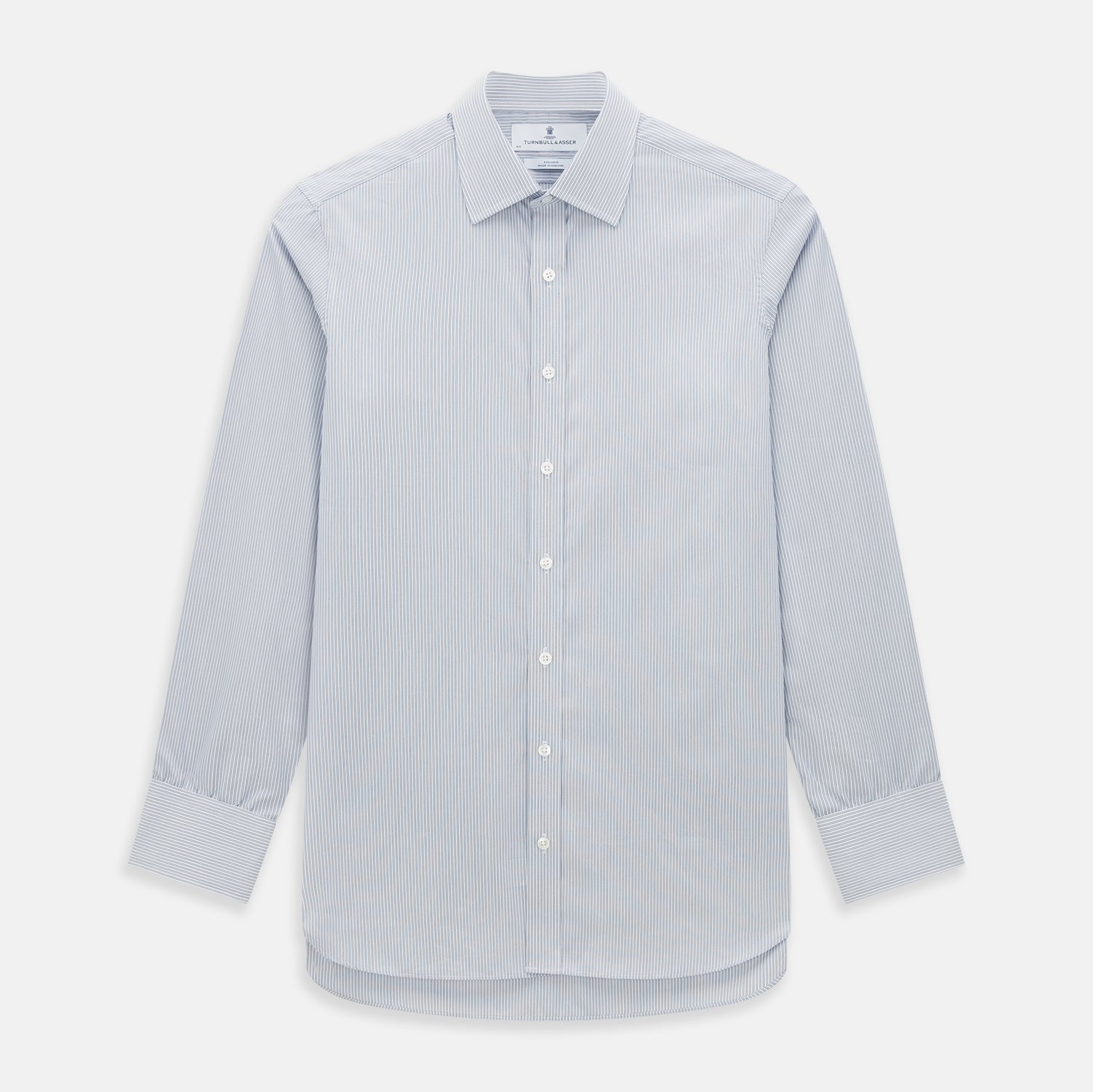 View 1 of product The Blue and Brown Ticking Stripe Mayfair Shirt by Turnbull & Asser, crafted from premium Italian cotton with a collar, white buttons, and buttoned cuffs, is an essential addition to any gentleman's wardrobe.
