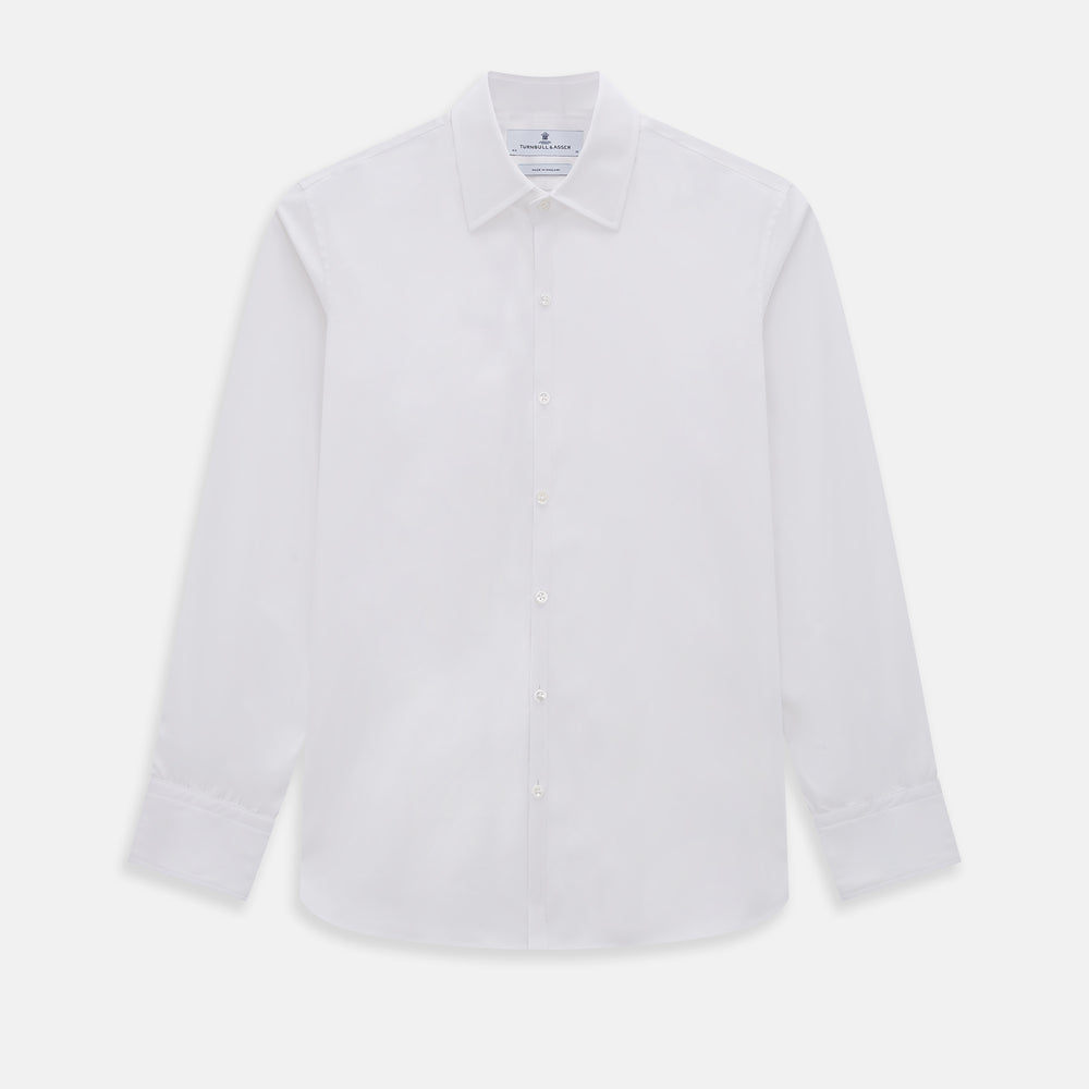 The Turnbull & Asser White Westminster Shirt is a long-sleeve, button-up dress shirt with a classic cut and Westminster collar, shown on a white background.