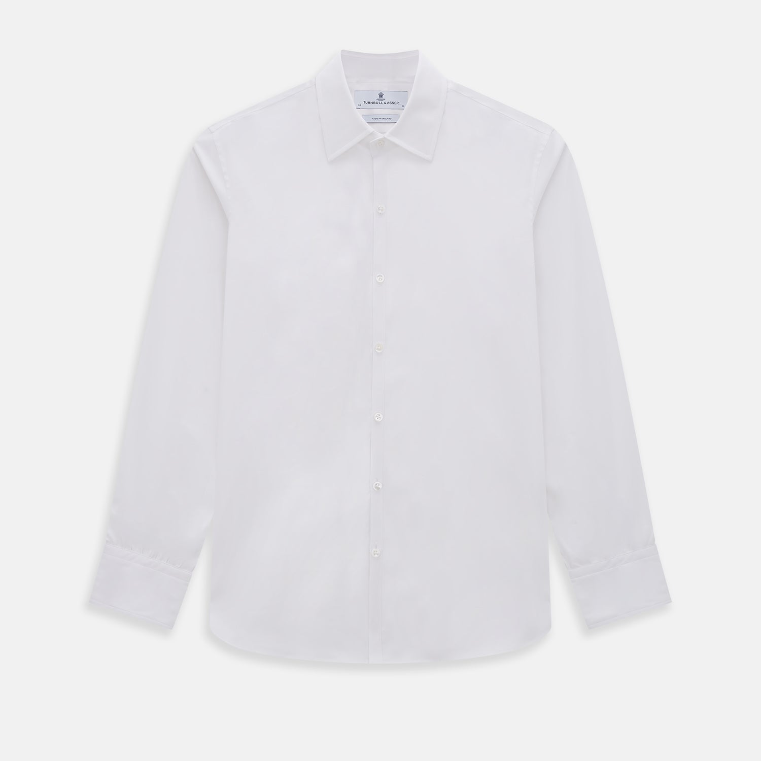 View 1 of product The Turnbull & Asser White Westminster Shirt is a long-sleeve, button-up dress shirt with a classic cut and Westminster collar, shown on a white background.