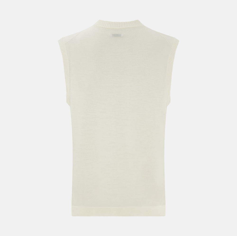 The Turnbull & Asser Cream Fine Merino V-Neck Vest is a sleeveless knit with ribbed edges, ideal for a refined modern look. Shown on a plain white background.