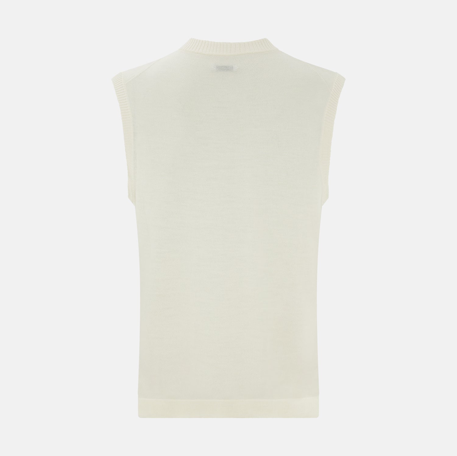 View 3 of product The Turnbull & Asser Cream Fine Merino V-Neck Vest is a sleeveless knit with ribbed edges, ideal for a refined modern look. Shown on a plain white background.