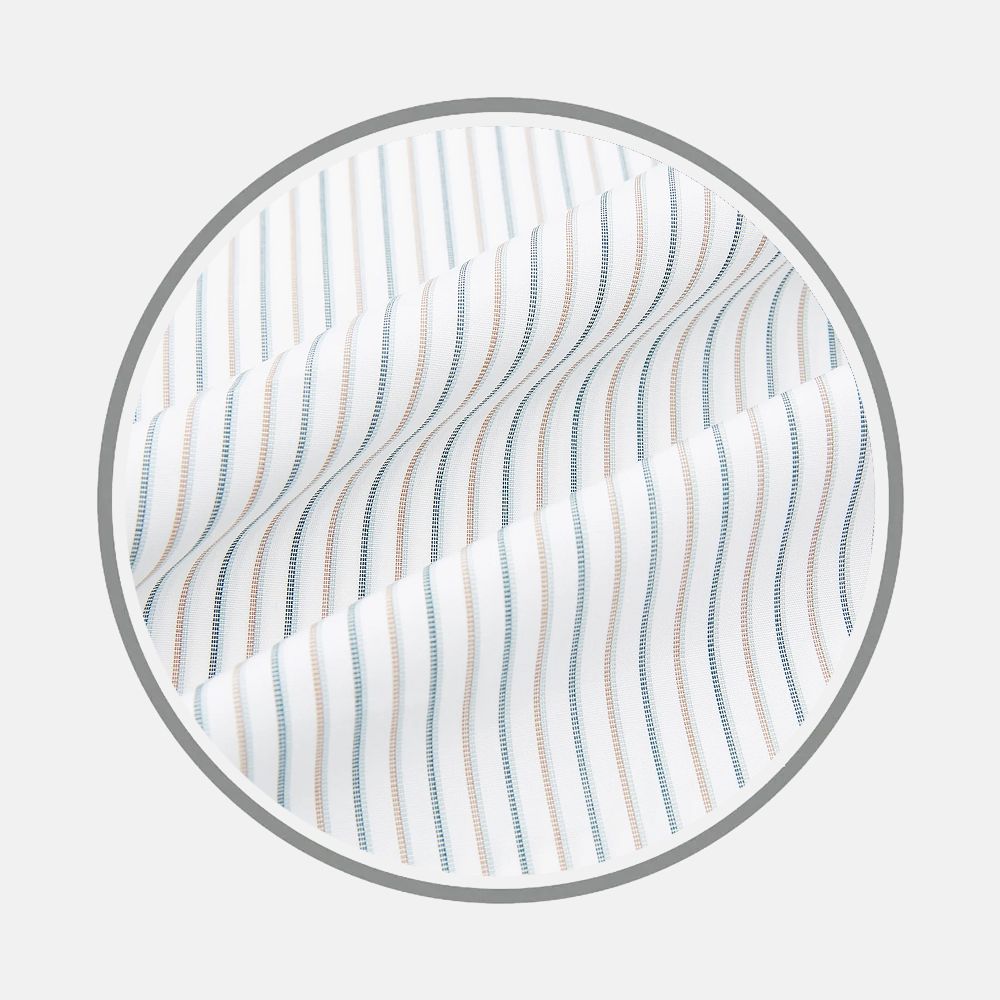 Close-up of Turnbull & Asser’s Teal Double Stripe Fabric, featuring thin, evenly spaced blue and orange stripes on white, displayed in a circular frame against a light background.
