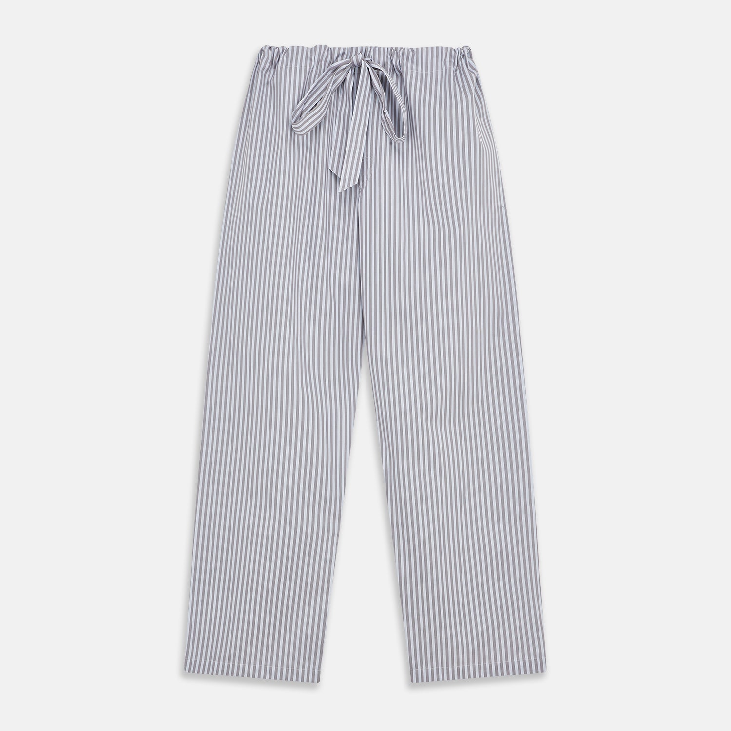View 5 of product The Turnbull & Asser Pale Blue Multi Stripe Cotton Quin Pyjamas, featuring a long-sleeve button-up top and matching adjustable tie-waist pants, are neatly arranged on a white background.