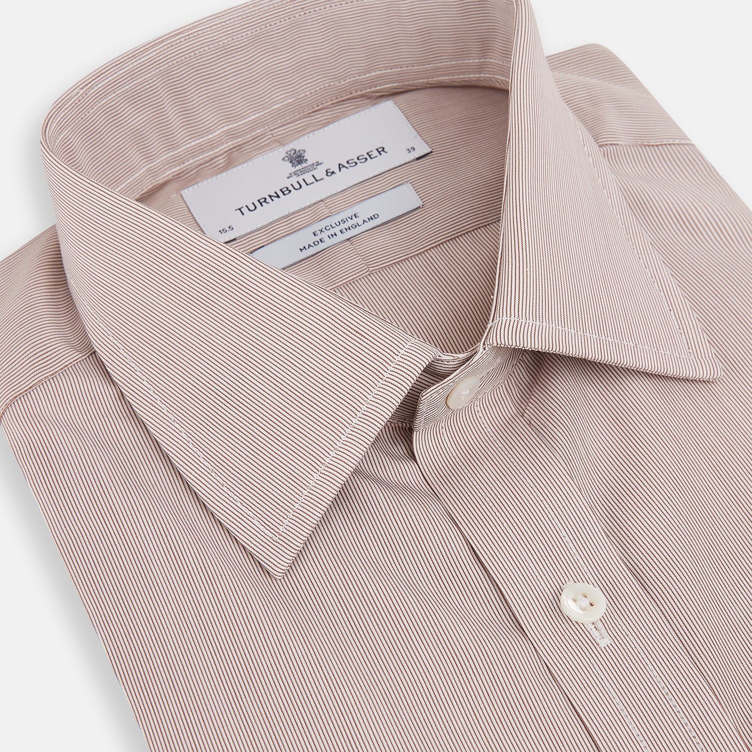 View 2 of product The Turnbull & Asser Burgundy Hairline Stripe Mayfair Shirt features long sleeves, a pointed collar, white buttons, and a classic Mayfair fit—perfect for formal occasions—presented against a plain white background.